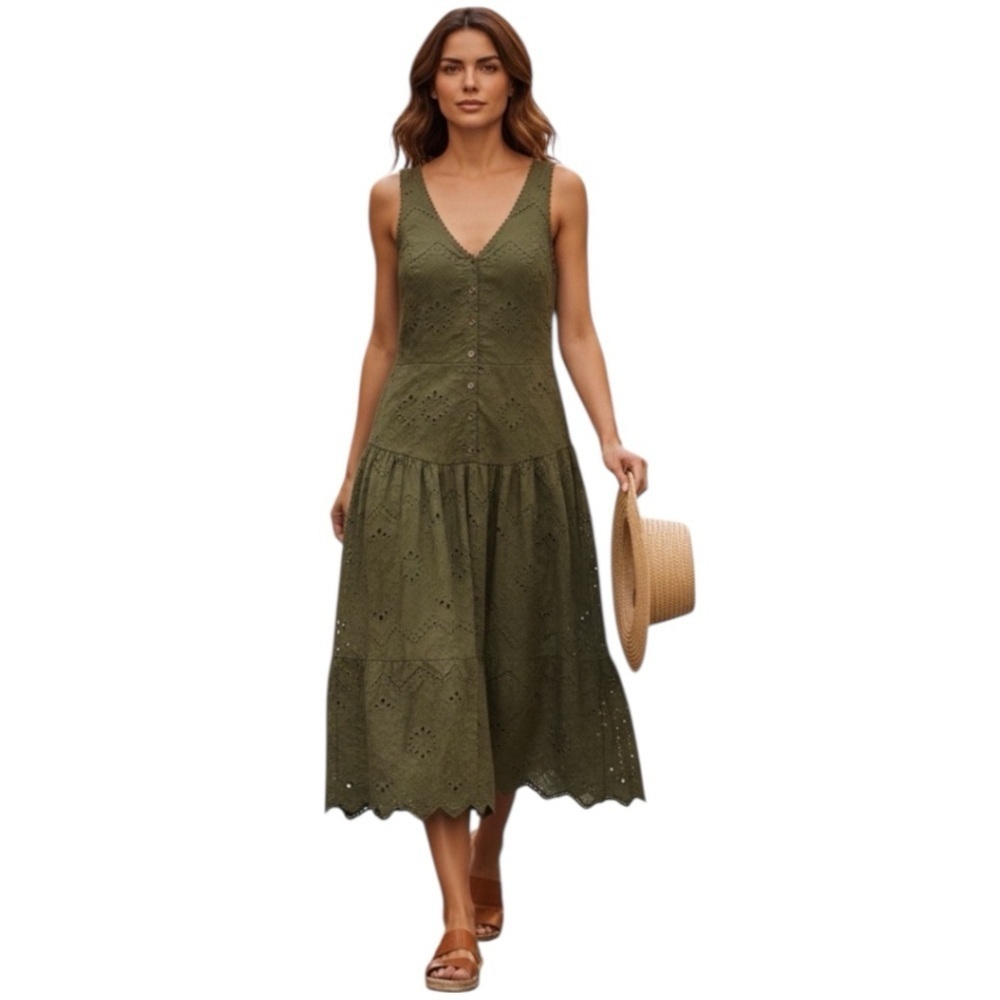 NWT’S HOUSE OF HARLOW 1960 Button Front Cotton Eyelet Dress in Olive Green sz 8